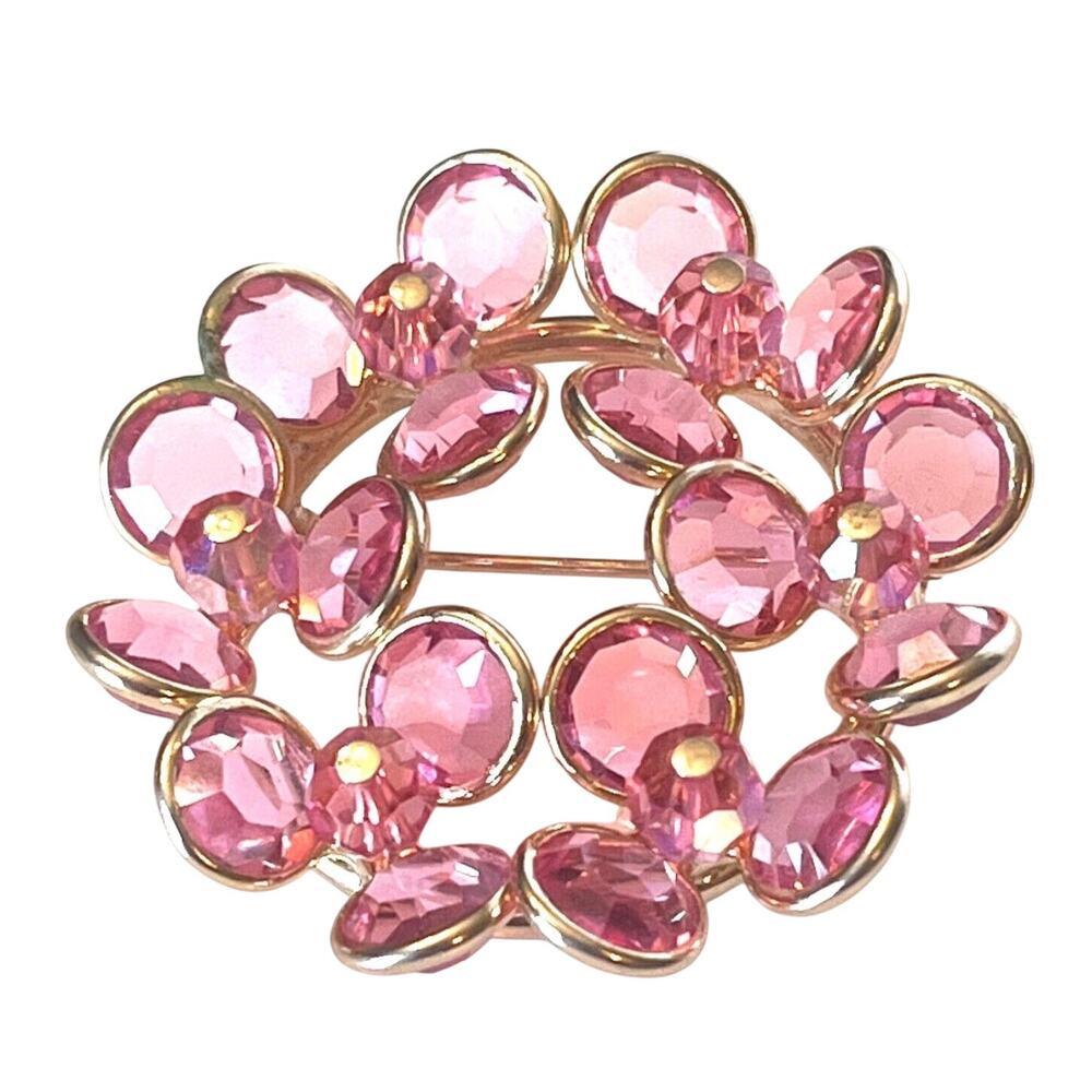 Pink Glass Brooch Pin Bead Flower Gold Tone Faceted 1.8" Crystal Rhinestones Vtg